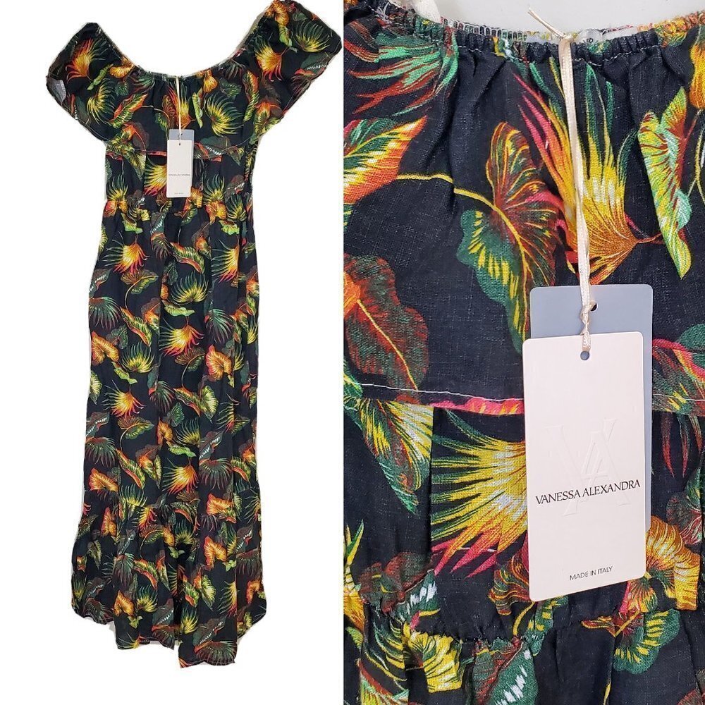 NWT Vanessa Alexandra Linen Off the Shoulder Tiered Midi Dress Tropical Print XS